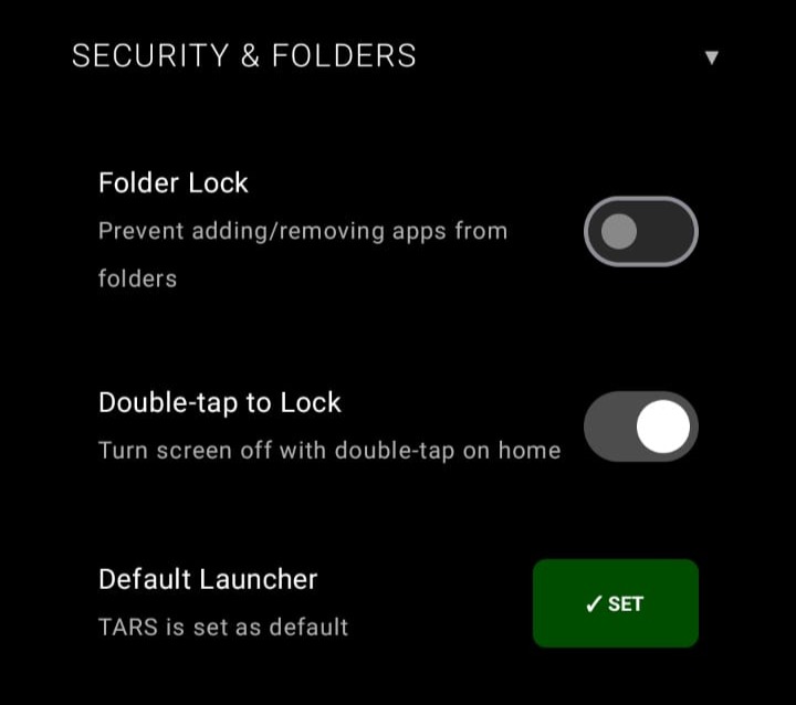 TARS Launcher security features including folder lock and double-tap to lock functionality