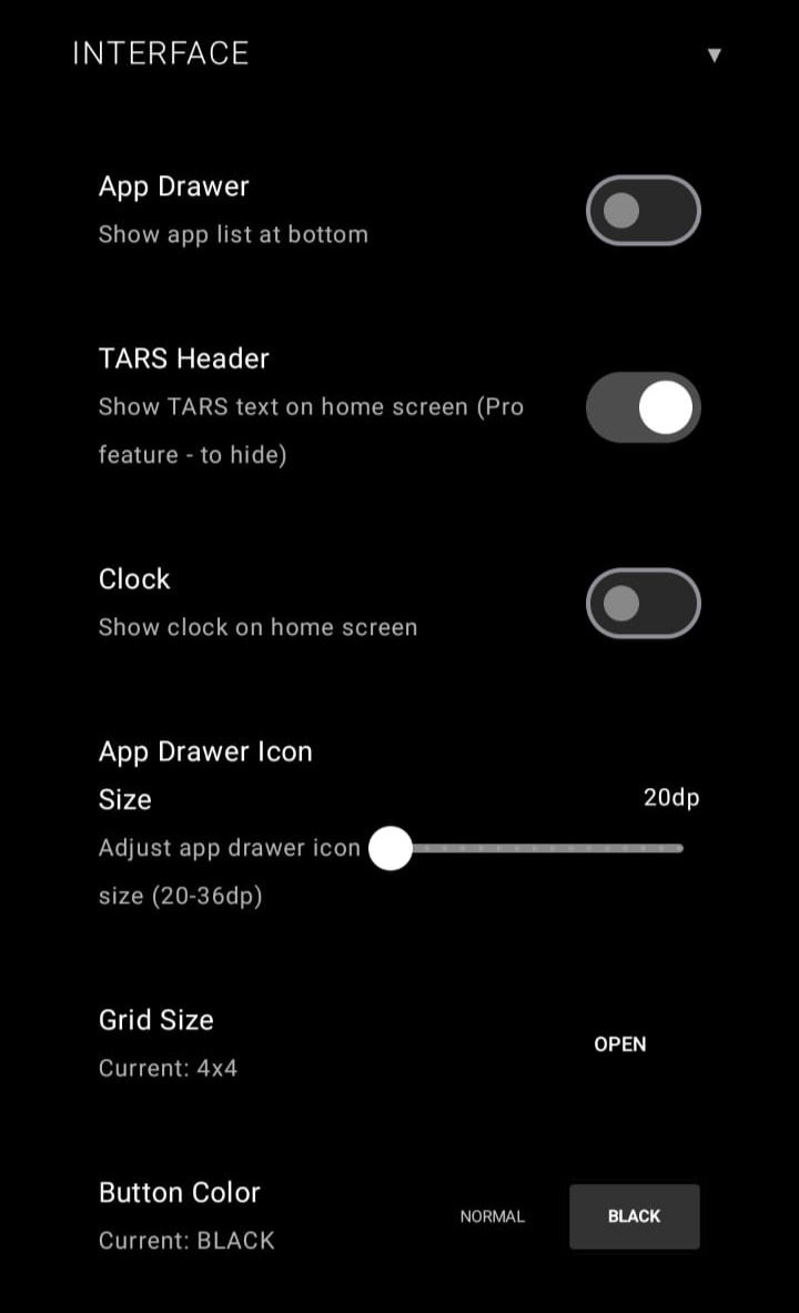 TARS Launcher interface customization options showing app drawer, clock, and grid settings